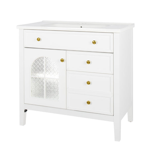 English Elm 35.6" Freestanding Bathroom Vanity with Roman Column Base and Ceramic Integrated Sink White W1801S00011