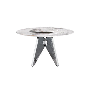 English Elm 53" Round Marble Dining Table With Silver Stainless Steel Base And Lazy Susan For 6 People, White W1535S00462