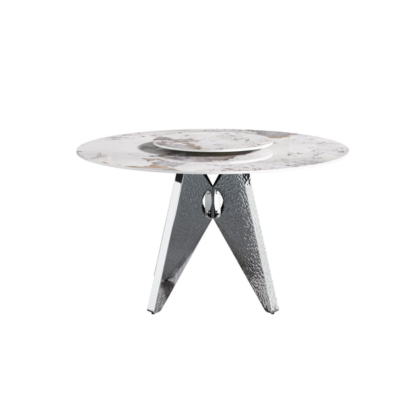 English Elm 53" Round Marble Dining Table With Silver Stainless Steel Base And Lazy Susan For 6 People, White W1535S00462