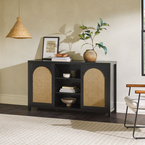 58" 4-Door Sideboard w/ Arched Rattan Panels Black SAHD5DBL2 Walker Edison