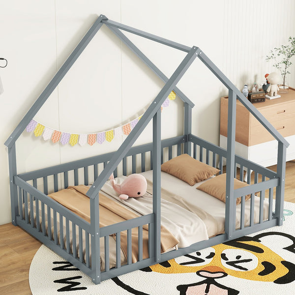English Elm Full House-Shaped Floor Bed with Fence and Guardrails, Pine Wood Play Loft for Imaginative Kids Retreat Grey W504P143293