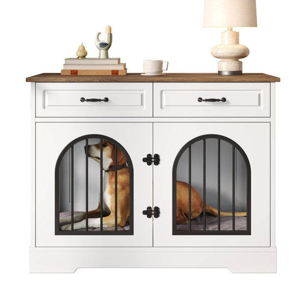 English Elm 43.3" Farmhouse Mdf Dog Crate Console with Drawers and Rotating Bowls for Large Breeds N704P414598A