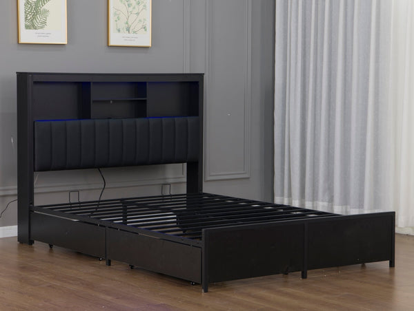 English Elm Queen Storage Bed Frame with Led Lighting Charging Station and Four Under Drawers W1670S00031