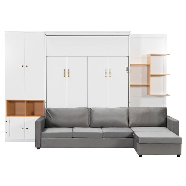 English Elm Queen Murphy Wall Bed with Velvet Sofa Built in Shelves Cabinets and Reading Lights White LP000393AAK