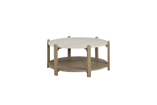 English Elm Stone Top Cocktail Table with Natural Stone Surface and Toffee Wood Base, Sturdy Legs, Shelf Taupe+Natural 43 L x 42.75 W x 7 H B2699P323080