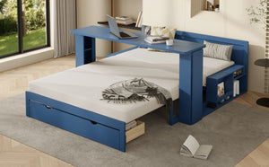 English Elm Full Size Daybed with Hydraulic Desk Armrests Storage Drawer and Sofa Seating Blue LT000271AAC