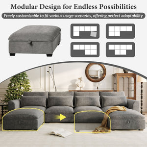 English Elm U_style Modular U-shaped Sectional Sofa Six Seat Linen Fabric with Storage Ottomans Gray WY000491AAE