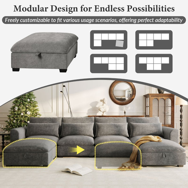 English Elm U_style Modular U-shaped Sectional Sofa with Storage Ottomans Linen Polyester 6 Seat Gray WY000462AAE