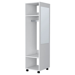 English Elm White Sleek 3-Shelf Wardrobe on Wheels with Mirror Door, Melamine Finish, Space-Saving Storage Solution B062P227646