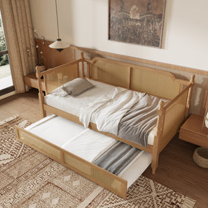 Traditional Woven Rattan Full Daybed with Pull Out Trundle Antique Walnut Pine Frame