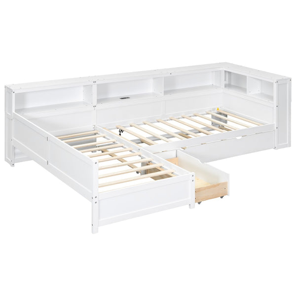 English Elm Wood Twin L-shaped Platform Bed Trundle Shelves Charging Station Kids Room White N7090001045K-1