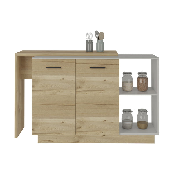 English Elm Kitchen Island With Double Door Cabinets, Two Open Shelves, Modern White & Light Oak Design Upgrade B097S00156
