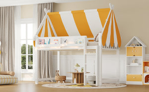 English Elm Full Size Solid Wood Loft Bed with Canopy Led Lighting and Integrated Bookshelf White N7090002242K