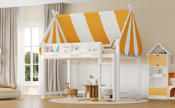 English Elm Full Size Solid Wood Loft Bed with Canopy Led Lighting and Integrated Bookshelf White N7090002242K