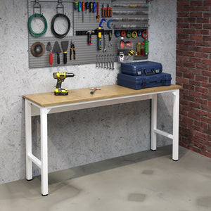 English Elm Fortress 72.4" Natural Wood & Steel Garage Table in White — Durable MDP Top, Metal Frame, Cabinet Ready B365P398232
