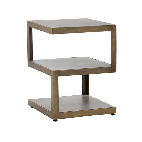 Sunpan Rubix End Table - Modern Tiered Side Table with Unique Concrete Design and Antique Brass Frame