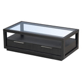 English Elm Modern Wood Coffee Table With 2 Drawers ,Minimalist Display Coffee Table With Transparent Tempered Glass, Open Storage Shelf For Living Room