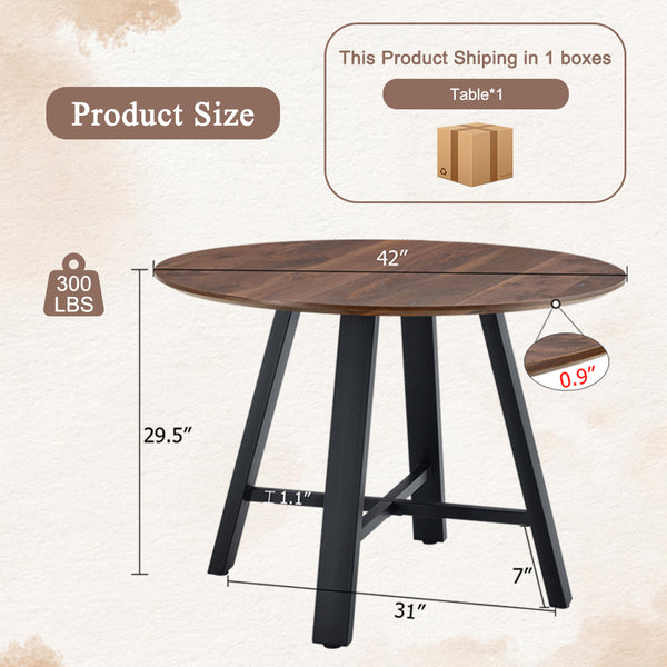 English Elm Modern 42" Round Dining Table - Dark Walnut MDF Grain Top, Black Metal Cross Legs, Sturdy 29.5" Height W1512P389447