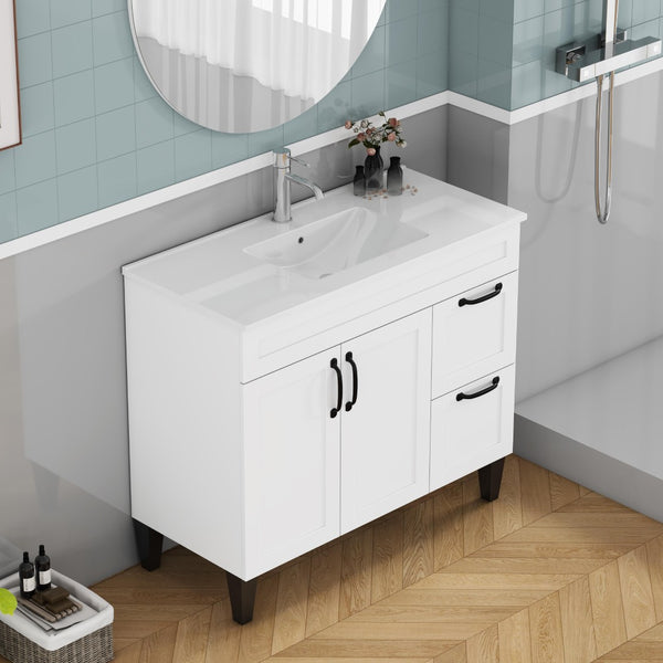 English Elm 39.4-inch White Bathroom Vanity with Sink Soft Close Doors Deep Drawers Black Hardware W3151S00076