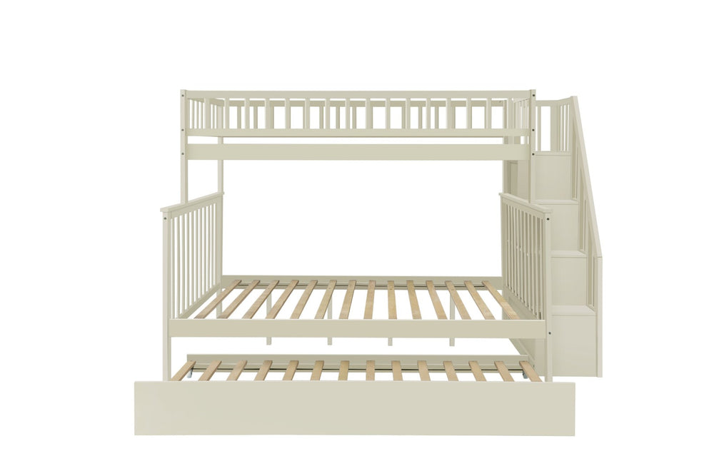 English Elm Twin Over Full Stairway Bunk Bed With Trundle & Storage – Stylish Cream Design For Kids & Teens K495S00004-GIGA