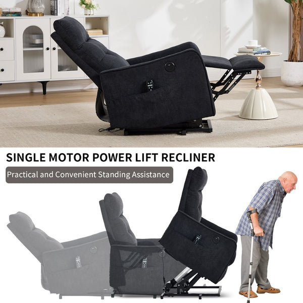 English Elm Beige Chenille Power Lift Recliner with Massage Heat and Usb for Senior Comfort Black W1803P369081