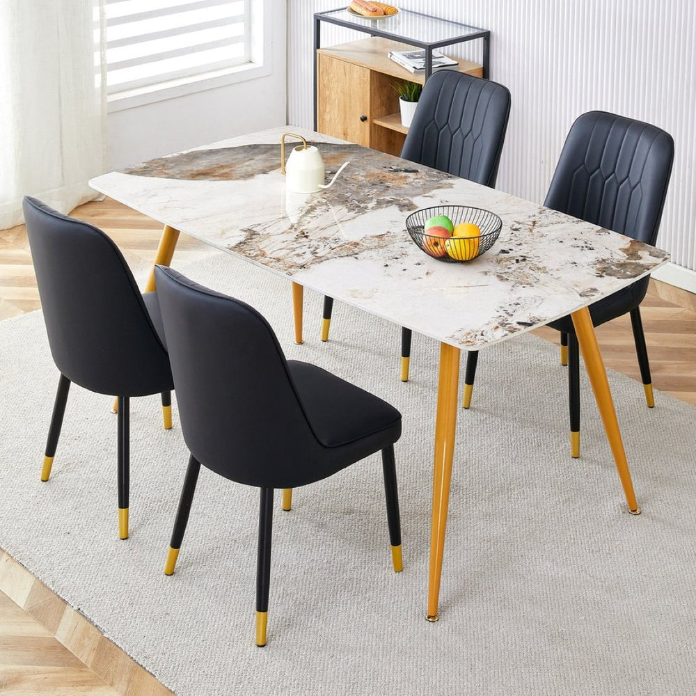 English Elm Table Modern Minimalist Dining Set With White Imitation Marble Top & Gold Metal Legs, 4 Chairs W1151S01667-GIGA