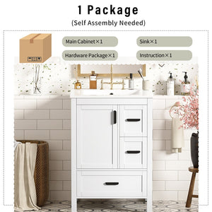 English Elm Modern 24 Inch Bathroom Vanity Solid Wood Cabinet with Ceramic Sink and Soft Close Storage White N729P292859K