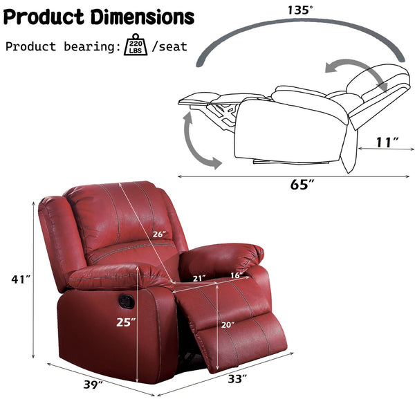 English Elm Zuriel Red PU Leather Motion Rocker Recliner with Pocket Coil Seat, 135° Manual Recline, Ergonomic Comfort B2726P285314