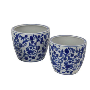 English Elm Garden Ceramic Planter Trio Hand Painted Floral Glazed Japanese Style Home Decor Set Blue And White Stripes B056P412620