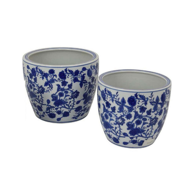 English Elm Garden Ceramic Planter Trio Hand Painted Floral Glazed Japanese Style Home Decor Set Blue And White Stripes B056P412620
