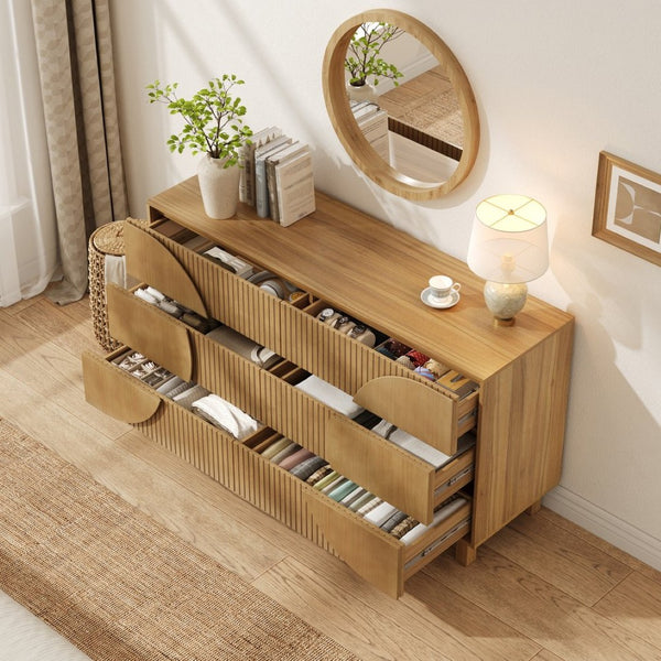 English Elm Modern Fluted 6 Drawer Dresser with Solid Wood Legs Japandi Chest for Bedroom Brown N739S0000015N