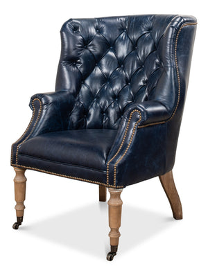 Sarreid Welsh Blue Leather Chair - Elegant Chateau Design With Wood Accents For A Luxe Living Space Upgrade   29727