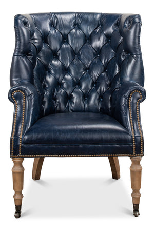 Sarreid Welsh Blue Leather Chair - Elegant Chateau Design With Wood Accents For A Luxe Living Space Upgrade   29727