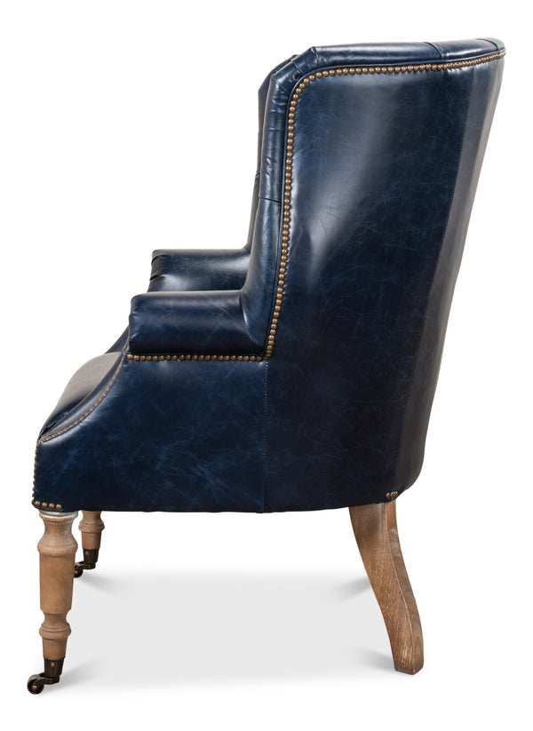 Sarreid Welsh Blue Leather Chair - Elegant Chateau Design With Wood Accents For A Luxe Living Space Upgrade   29727