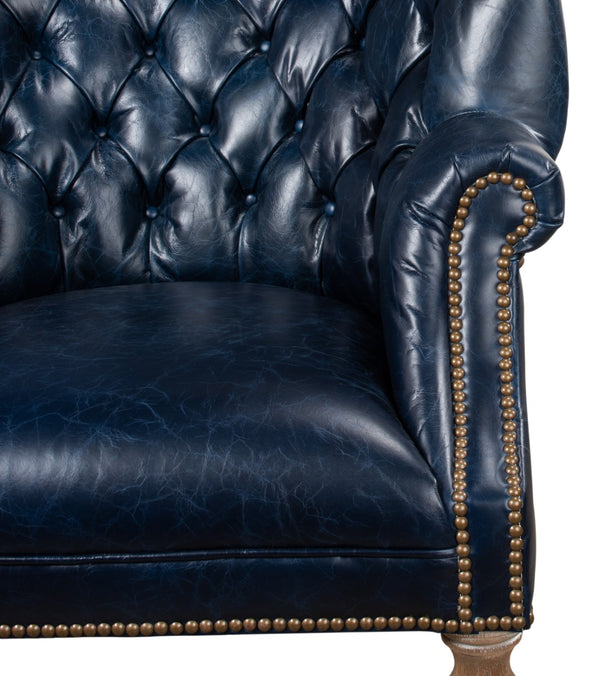 Sarreid Welsh Blue Leather Chair - Elegant Chateau Design With Wood Accents For A Luxe Living Space Upgrade   29727