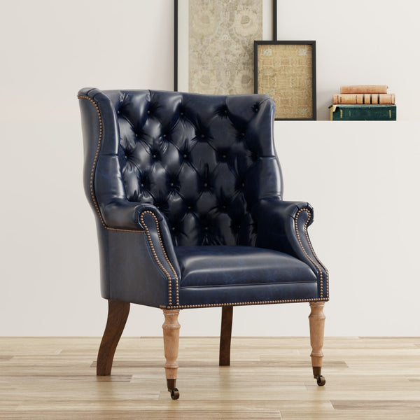 Sarreid Welsh Blue Leather Chair - Elegant Chateau Design With Wood Accents For A Luxe Living Space Upgrade   29727