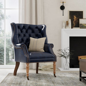 Sarreid Welsh Blue Leather Chair - Elegant Chateau Design With Wood Accents For A Luxe Living Space Upgrade   29727