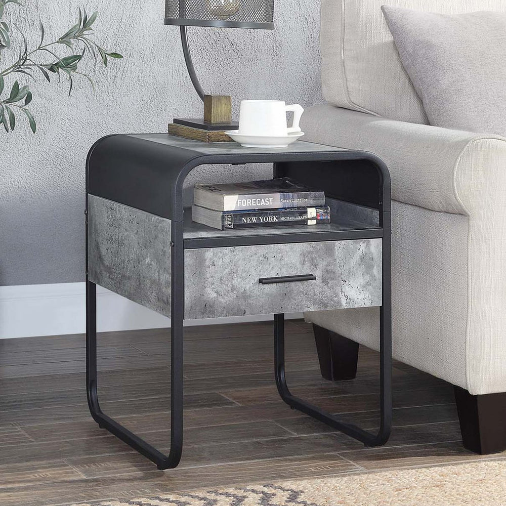 English Elm Metal End Table With Drawer And Shelf - Stylish Concrete Gray Top & Black Frame For Modern Spaces B016P323430