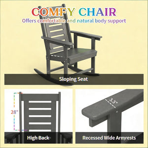 English Elm Black Hdpe Slatted High Back Rocking Chair Set for Porch Patio Deck Outdoor Use Dark Gray T3971P444244