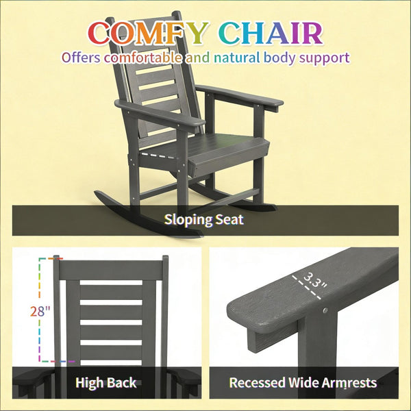 English Elm Black Hdpe Slatted High Back Rocking Chair Set for Porch Patio Deck Outdoor Use Dark Gray T3971P444244