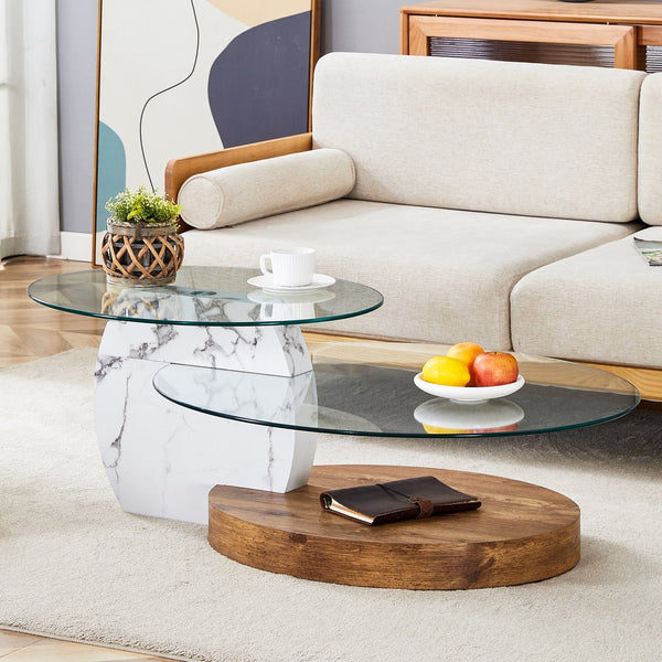 English Elm Contemporary White Marble & Wood Grain Double-Layer Coffee Table with Tempered Glass Top, Stylish Centerpiece W1512P386948