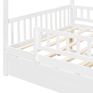 English Elm Full Size Pine House Bed with Roofline Frame and Roll Out Twin Trundle for Kids LP100306AAK