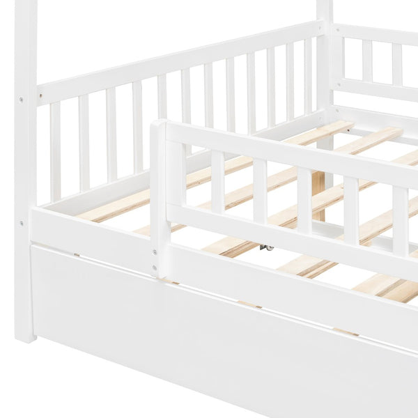 English Elm Full Size Pine House Bed with Roofline Frame and Roll Out Twin Trundle for Kids LP100306AAK