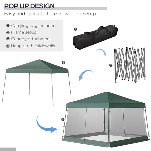 English Elm Outsunny Adjustable Slant Leg Canopy Tent With Mesh Netting & Carry Bag - Instant Sun Shelter, Green W2225P200729-GIGA