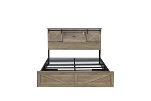 English Elm Farmhouse King Storage Bed Rustic Wood Headboard with Led Lights and Charging Hub W1670P362672
