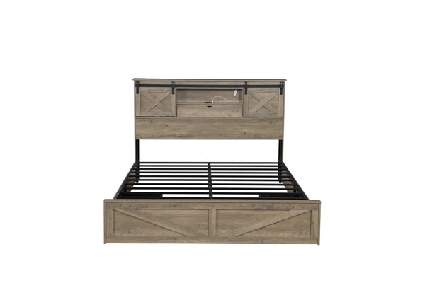 English Elm Farmhouse King Storage Bed Rustic Wood Headboard with Led Lights and Charging Hub W1670P362672