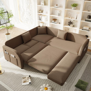 English Elm 85.1" Teddy Plush L-shaped Sectional Sleeper Sofa with Usb Ports and Pull Out Bed Brown W1885S00321