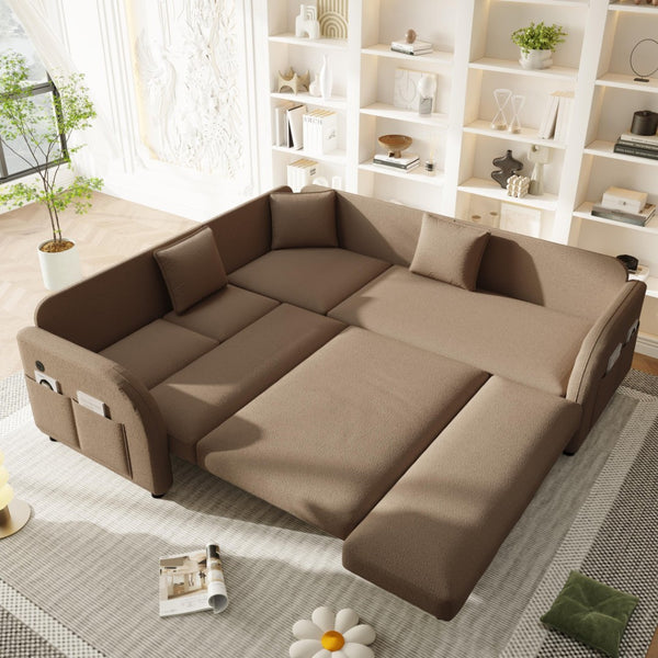 English Elm 85.1" Teddy Plush L-shaped Sectional Sleeper Sofa with Usb Ports and Pull Out Bed Brown W1885S00321