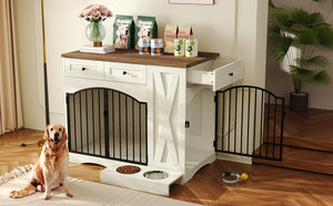 English Elm Go Farmhouse Wooden Dog Crate End Table with 3 Drawers and Built-in Pet Feeder N704P371282D