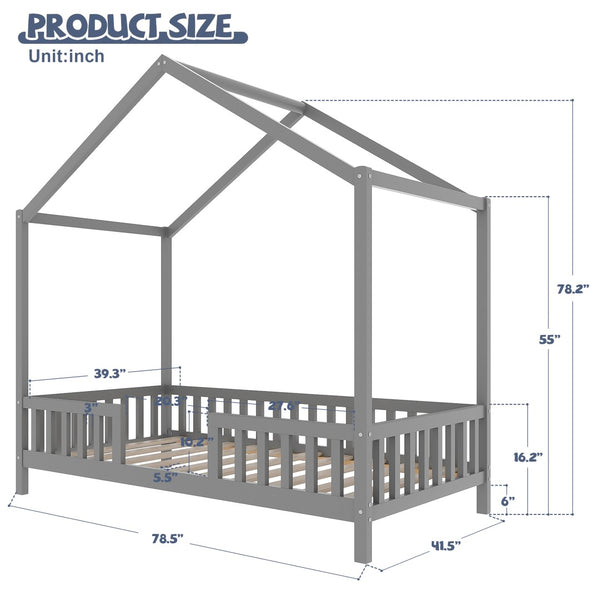 English Elm Montessori Pine Floor Bed Twin with House Canopy Frame and Four Safety Railings N733P356043E